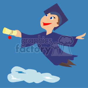 A Graduate in a Blue Cap and Gown Holding a Scroll Soaring in the Sky clipart. Royalty-free image # 139404