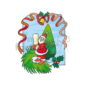 Sant Claus Holding a Little Candle Scene decorated with Christmas Tree and Holly Berry clipart. Commercial use image # 143234