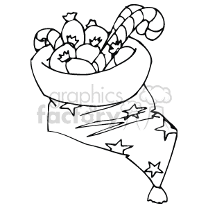Black and White Santa Hat Holding a Bunch of Christmas Candy clipart. Royalty-free image # 143393