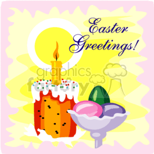A White Dish holding Easter Eggs and a Burning Candle Greetings Card