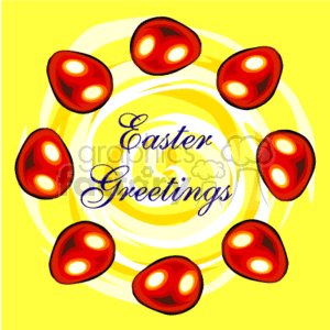 Easter Greetings with White Swirl and a Circle of Red Eggs clipart.