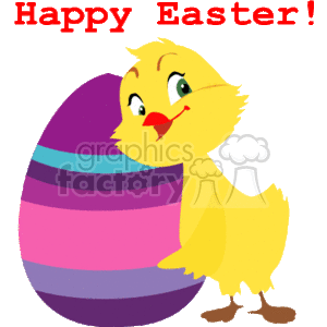 Yellow Easter Chick Leaning on a Striped Egg clipart.