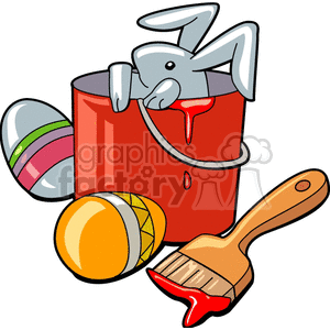clipart - Easter Bunny in Red Paint Can with Two Painted Eggs and a Brush with Red Paint on it.