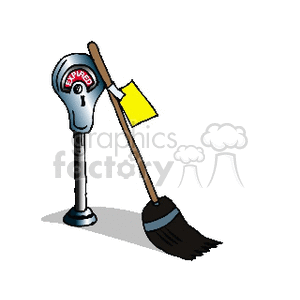 Broom leaning against a parking meter