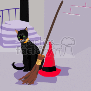black cat sitting by a witches hat