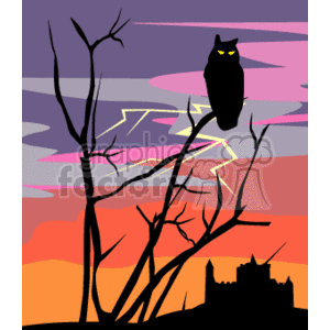 Owl sitting in a tree by a haunted house clipart. Commercial use image # 144538