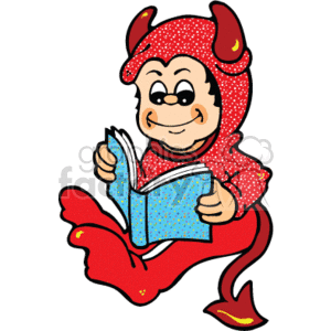 Small boy reading a book while wearing a devil costume