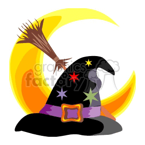 witch hat with stars on it and a broomstick and crescent moon clipart.