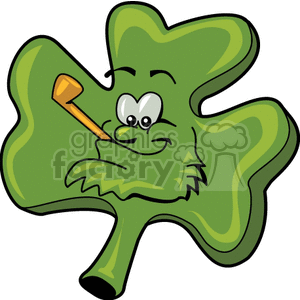 A Green Three Leaf Clover with a Silly Face a Beard and a Pipe