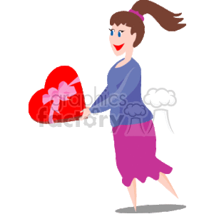 A Woman in a Blue Shirt Holding a Large Red Heart Box of Chocolates clipart. Royalty-free image # 145692