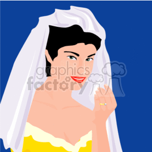 This is a clipart image of a bride, depicted with a white wedding veil, smiling and showing off her wedding ring. She has dark hair, red lipstick, and is wearing a strapless yellow dress.