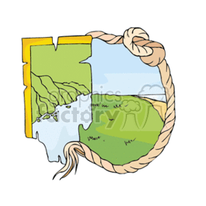 The clipart image shows a stylized representation of maps. On the left, there is a map with what appears to be green fields or agricultural areas, and it is bordered with a yellow line suggesting regional demarcation. On the right, there's an estuary or coastal area map circled by a rope, symbolizing nautical or maritime themes.