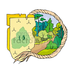 This clipart image features a stylized illustration that includes a map and a depiction of a forest scene. The map has a torn edge, highlighted symbols that possibly represent locations or landmarks, and is overlaid on the background of a diverse forest landscape with a variety of trees. There appears to be a path or road meandering through the trees.