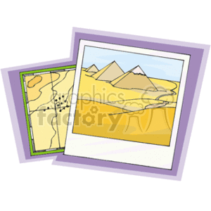 This is an image of two stylized clipart illustrations. The foremost illustration is a picture of pyramids in a desert landscape, suggesting a scene similar to the Egyptian pyramids at Giza. The background shows a section of a map, possibly indicating a geographic location or a concept of travel and exploration.