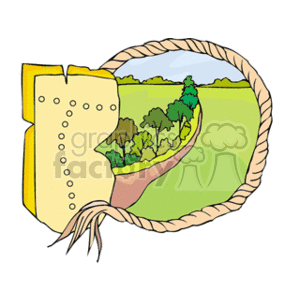 The clipart image depicts a stylized representation of a map with a segment of forest. The map has a yellow border with dots, and there is a rolled parchment-like bottom edge, suggesting an old-fashioned or traditional map. In the center of the map, there's an illustration of a green landscape showing a portion of a forest with varying shades of green for the trees, and a brown path or road. The surrounding area of the forest has a lighter green color, indicating open land or grass. The imagery suggests a rustic or natural setting, potentially useful for themes related to outdoor activities, environmental studies, or historical cartography.