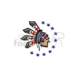 The head of an indian chief in a stars and stripes head dress clipart.