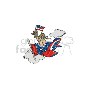 Pilot flying an old fashioned plane while holding an American flag clipart.