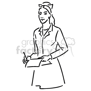 The clipart image shows a stylized representation of a nurse. The nurse appears to be standing, wearing a uniform that might consist of a dress, an apron, and a cap, which are traditional elements of nursing attire. The nurse is also seen holding what appears to be a clipboard or a medical chart and appears to be writing or reviewing something on it.