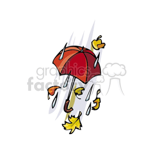 Red umbrella with rain drops and leafs falling on it clipart.
