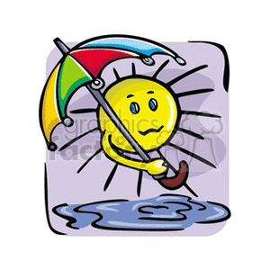 Smiling sun holding an umbrella over a rain puddle