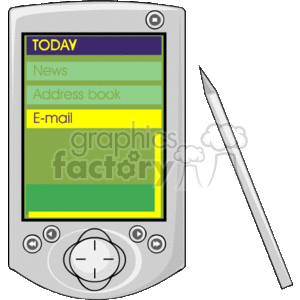 The clipart image depicts a Palm Pocket PC or a personal digital assistant (PDA). It features a stylus, a screen displaying a simplified user interface with sections labeled TODAY, News, Address book, and E-mail, and a navigation button below the screen.