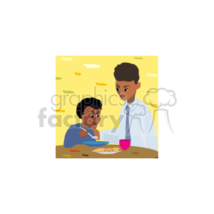 An african american father and son eating dinner clipart.
