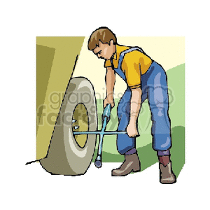 Person tightening the lugnuts on a big tire clipart.