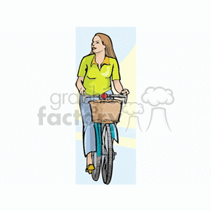 A woman Wearing a Yellow Shirt Riding a Bike with a Basket on it clipart. Commercial use image # 154379