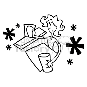 The clipart image depicts a stylized representation of a woman doing household chores. She appears to be cleaning, as she is holding what might be a cloth in one hand and a bucket in the other. There are also abstract shapes around her that could signify cleanliness or sparkle, suggesting a spotless environment.
