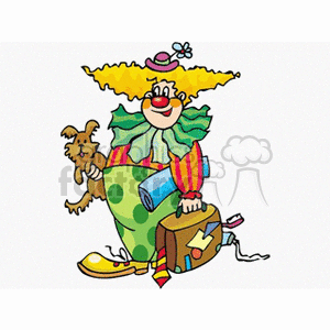 A Funny Clown Holding a Scruffy Dog and a Suitcase Laughing clipart. Commercial use image # 156670