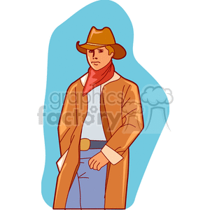 clipart - A Cowboy Standing with his Overcoat Red Bandana and Gold Belt Buckle.