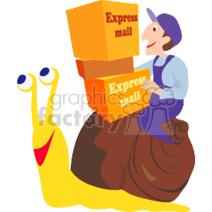 A Mail Man in Blue Riding a Snail Delivering Boxes of Express Mail clipart.