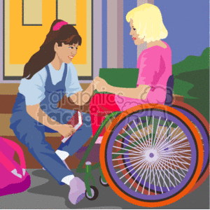 A Girl Sitting on the Porch Talking to a Girl in a Wheelchair clipart.