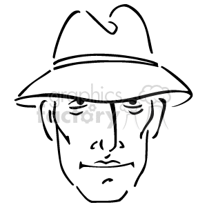 The clipart image depicts a simple line drawing of a person's face wearing a hat. The hat appears to have a wide brim and a creased crown, suggesting the style of a fedora or a similar type of hat often associated with detectives or classic film noir characters. The face features are minimalist, with eyes, a nose, mouth, and the outline of the face and ears.