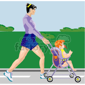 clipart -  single parent jogging with her child.