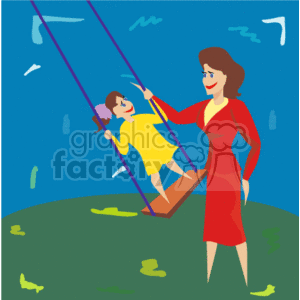 clipart - A mother pushing her daughter on the swing.