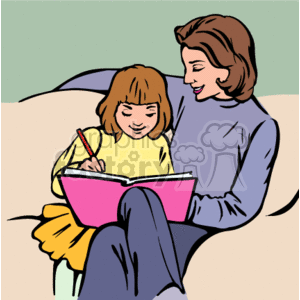 Child reading with her mom