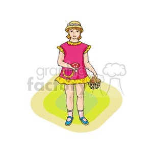 Little girl holding a basket in one hand and a strawberry in the other clipart. Royalty-free image # 158912