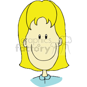 The face of a smiling blonde haired girl in a blue shirt clipart. Commercial use image # 158974