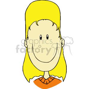 Face of a blonde haired girl smiling wearing an orange shirt
