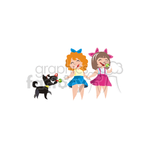 Two Girls Eating Popsicles and a Little Dog Watching clipart.