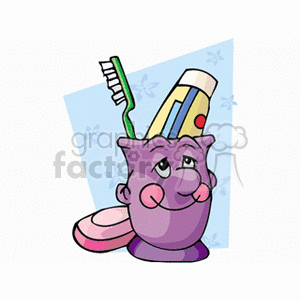 Toothbrush and toothpaste in a purple smiling face cup clipart. Commercial use image # 159117