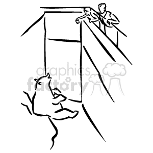 The image appears to be a simple black-and-white line drawing/clipart depicting a scene at a zoo. It features three individuals who seem to be children, given their smaller size compared to standard proportions, standing on a platform and observing a bear. The bear is inside what looks like an enclosure, sitting on its hindquarters and possibly interacting with or looking towards the children.
