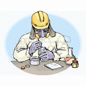 clipart - Person wearing a gas mask working with lab items.