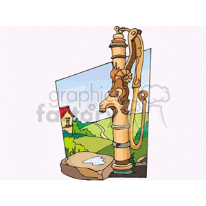   country house houses water pump well wells path hill hills land Clip Art Places Landscape 