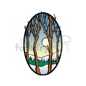 The clipart image depicts a stylized oval scene of a natural landscape. You can see barren trees, indicative of a forest or woods during a season where leaves are absent, possibly winter. Through the trees, there appears to be a setting or rising sun casting a warm glow on the sky, which transitions from yellow to blue, suggesting either dawn or dusk. In the background, there are silhouettes of mountains, hinting at a country or wilderness setting. Below the mountains, there's a layer of greenery which could represent lower vegetation or the presence of some evergreen trees. The encapsulating oval border gives the impression of peering through a window or portal into this tranquil outdoor scene.