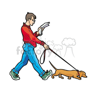 people man guy guys men boy boys dog dogs walking reading newspaper leash Clip+Art Places Outdoors dachshund dachshunds