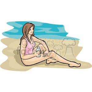 Woman at the beach applying suntan lotion clipart.