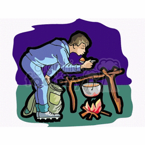 man tasting his campfire dinner clipart. Commercial use image # 164073
