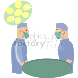 The clipart image depicts two surgeons dressed in surgical scrubs, caps, and face masks, standing in an operating room. They appear to be preparing for or are in the midst of surgery. Above them is an operating light, commonly used to illuminate the surgical site.
